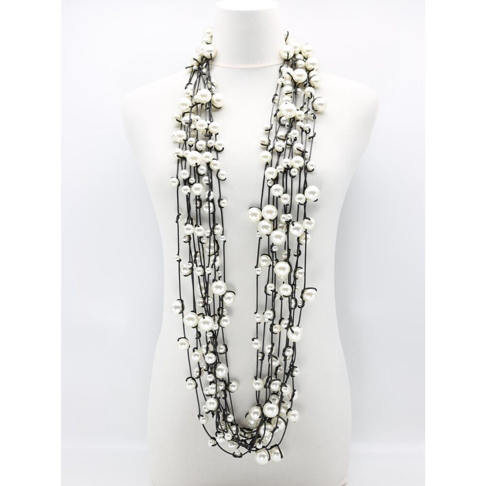 JIANHUI LONDON 10-Strand Faux Pearls On Leatherette Statement Playful Necklace